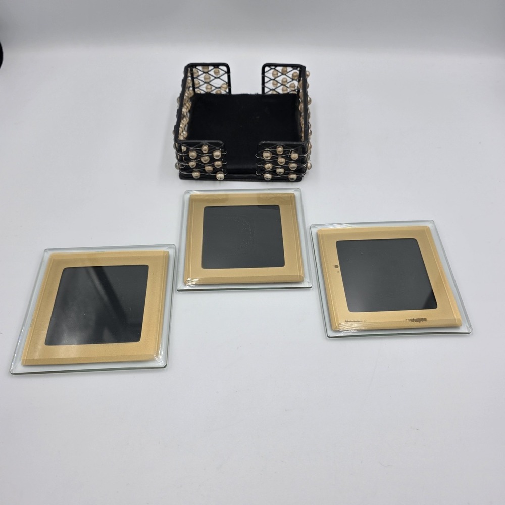Vintage Set of 3 Bombay Glass 4"x4" Picture Frame Coasters w/Beaded Metal Holder